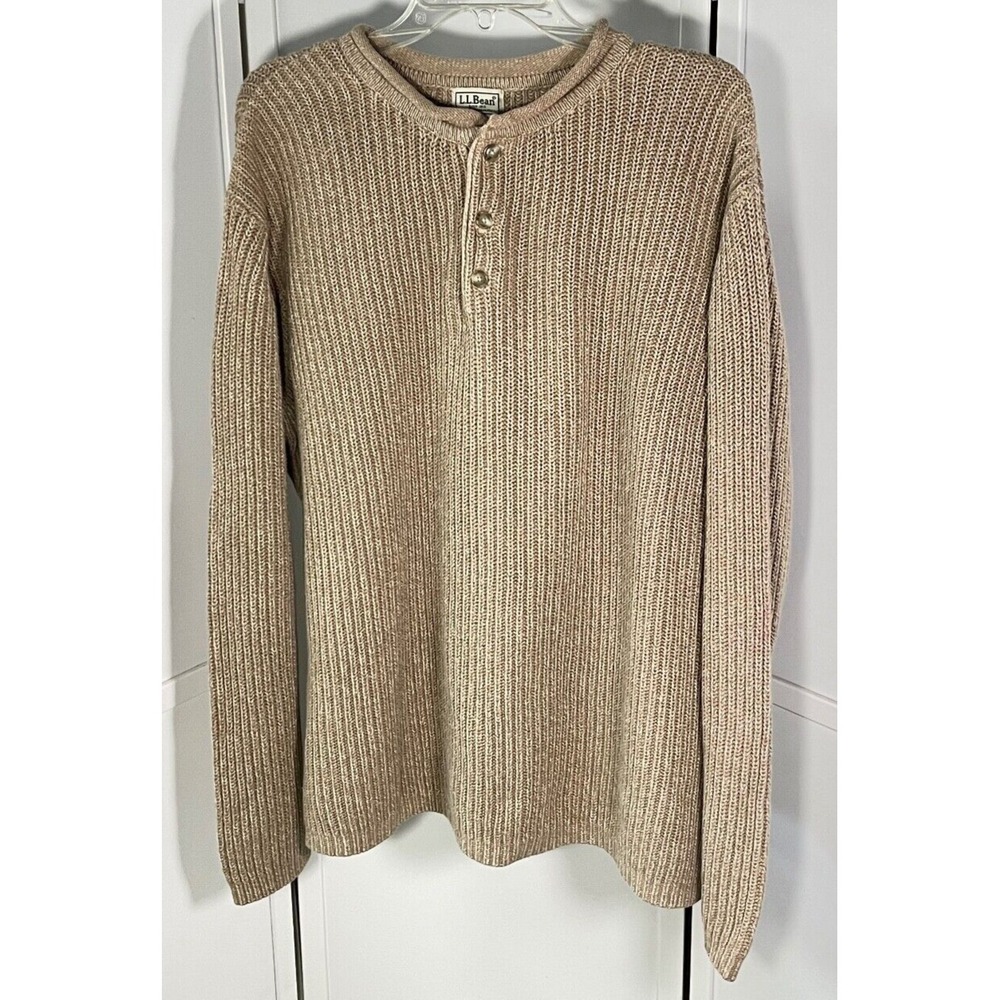L.L. Bean Men's Pullover Sweater Tan with 3 Buttons Rolled Collar Size XL TALL